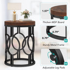 Set of 2 Round End Tables, Industrial Side Tables with Metal Hollow Frame, Small Nightstands for Bedroom or Living Room, Rustic Brown
