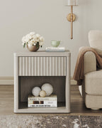 Set of 2 Modern Nightstands with Drawer Storage, Fluted Bedside Tables, Wide Mid-Century End Tables for Bedroom, Living Room, White Alder