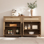 Sideboard Buffet Cabinet Set of 2, Rattan Credenza Storage Cabinet, Boho Buffet Table Console Cabinets with Drawer, Farmhouse Coffee Bar
