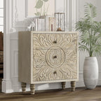 3 Drawer Dresser with Embossed Flower Motif Front, Distressed Boho Nightstand, Almost Fully Assembled, Rustic, French Country, Weathered White