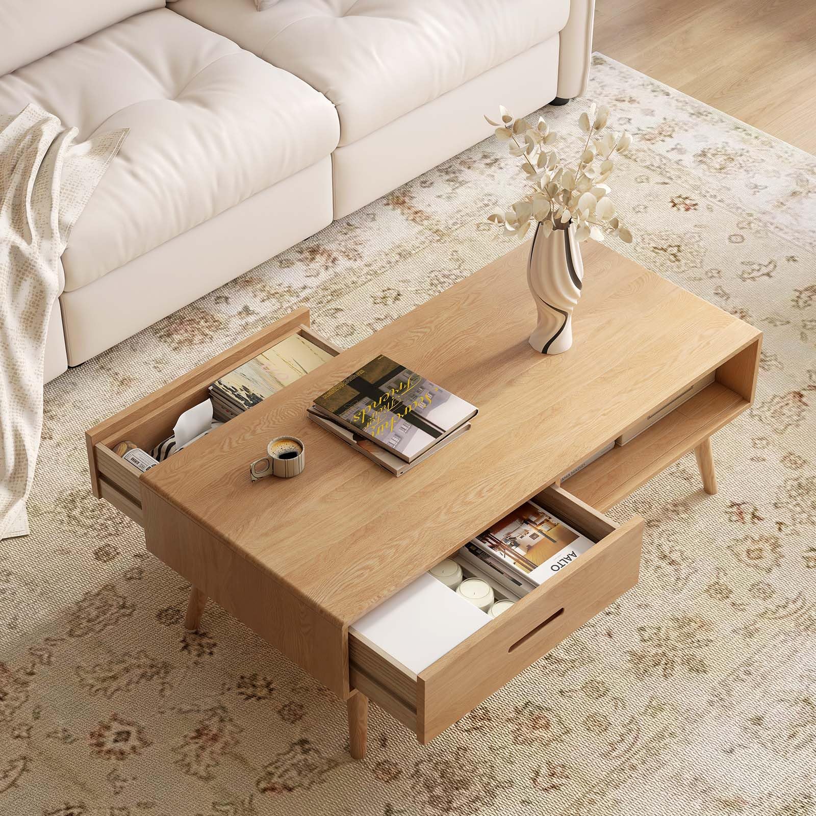 100% Solid Wood Coffee Table, 39.37" Mid-Century Modern Table with Storage Shelf & 2 Drawers, Oak Coffee Table for Living Room
