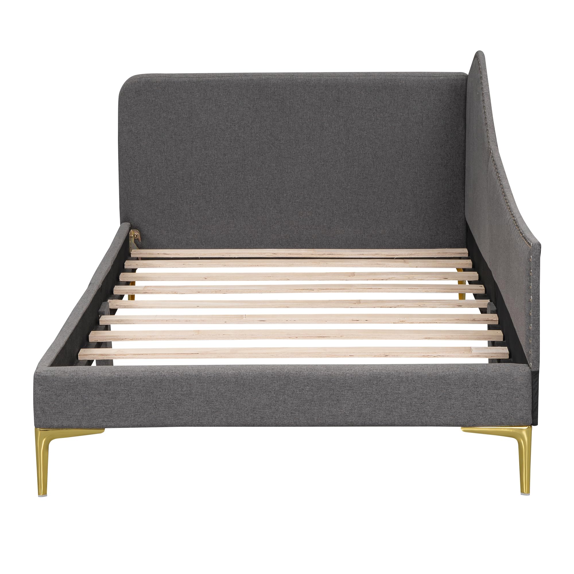 Furnix Craft Twin Size Upholstered Daybed with Headboard and Armrest, Grey Bed Frame with Support Legs