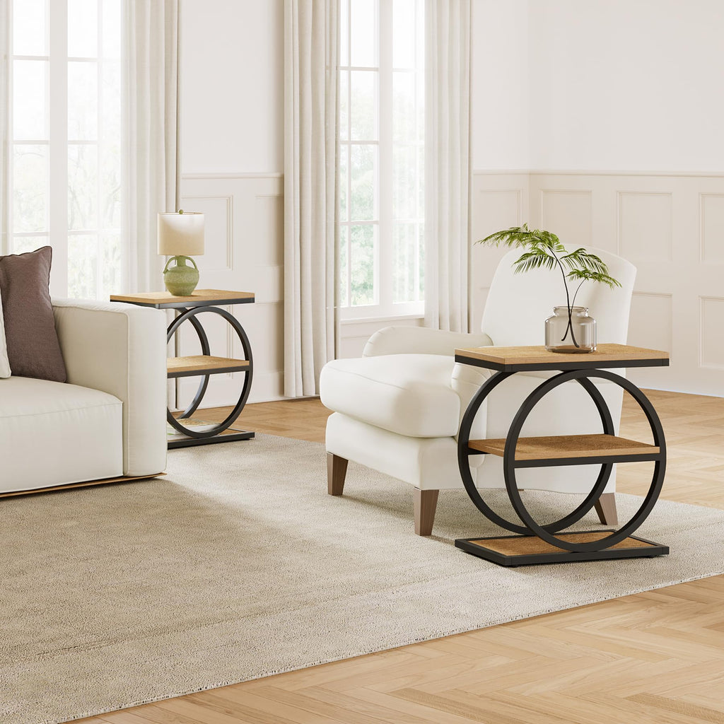 Set of 2 End Tables, 3-Tier Wooden Side Tables with Double Round Metal Legs, Slim Nightstands for Living Room, Bedroom, Oak Finish