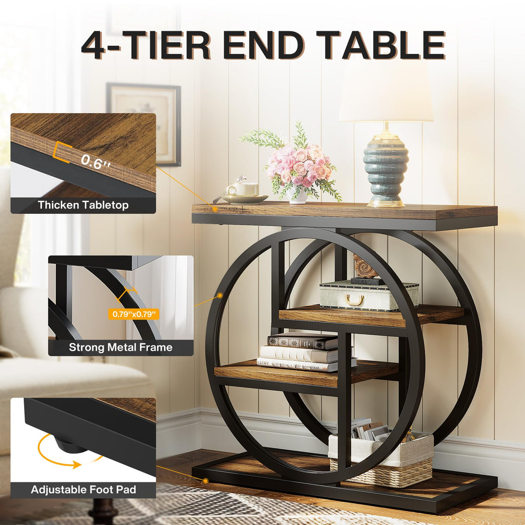 Set of 2 End Tables, 4-Tier Narrow Side Tables with Storage Shelves, Rustic Brown Wood & Metal Frame for Sofa, Bedroom, Living Room
