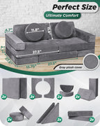LX15 Modular Kids Play Couch, 14pcs Convertible Foam Sectional Sofa for Toddlers, Fortplay Furniture for Bedroom & Playroom, Steel Gray