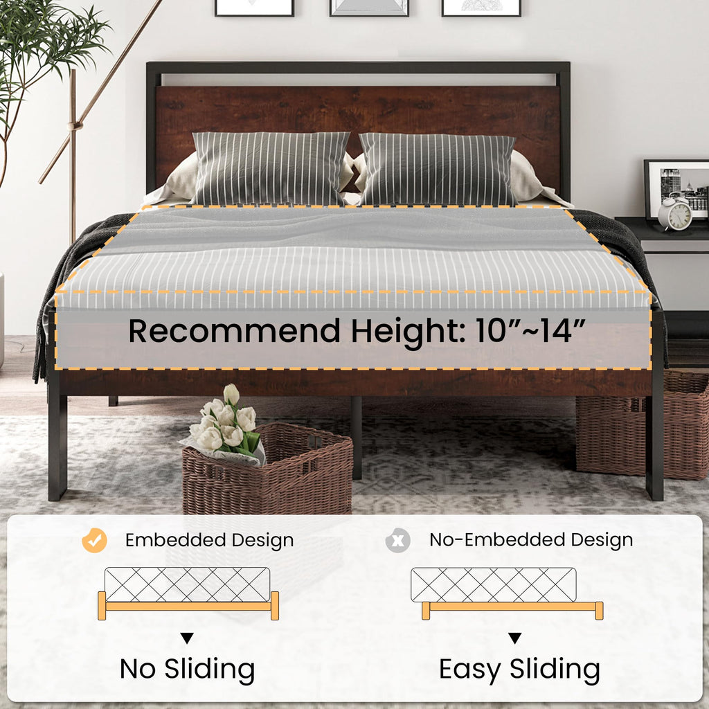 14 Inch Full Size Metal  with Wooden Headboard and Footboard, , , Large Under Bed Storage, Non-Slip Without Noise, Mahogany