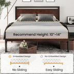 14 Inch Full Size Metal  with Wooden Headboard and Footboard, , , Large Under Bed Storage, Non-Slip Without Noise, Mahogany
