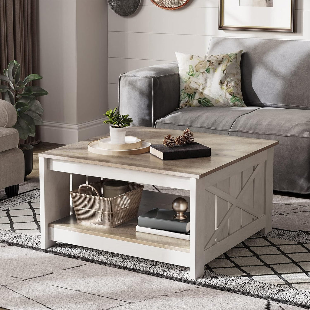 Farmhouse Coffee Table with Storage – Rustic Grey Wood Square Cocktail Table for Living Room, Half Open Compartment Design