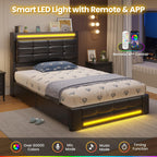 Twin Upholstered Bed Frame with LED Headboard, 4 Storage Drawers, Charging Station, PU Leather Platform Bed for Kids – Black