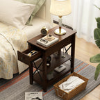 Set of 2 Narrow End Tables with Charging Station, USB Ports & Outlets, Farmhouse Slim Nightstands with Flip Top Drawer, Walnut Finish