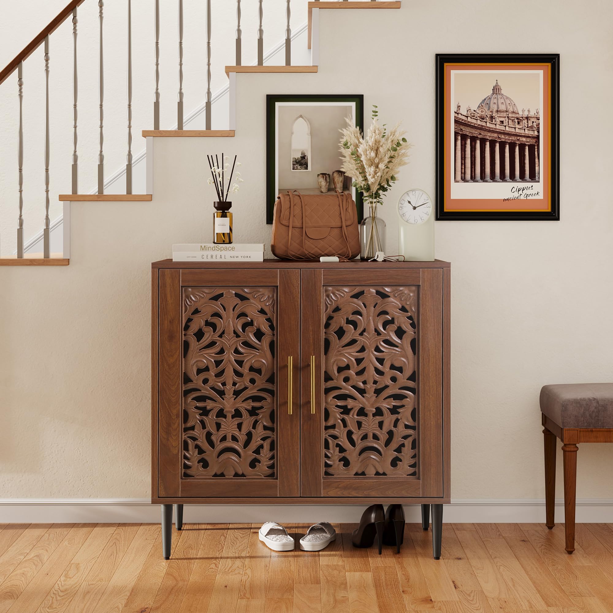 Vintage Accent Cabinet with 2 Doors, Hollow Carved Buffet Sideboard with Storage, Credenza for Living Room, Kitchen, Entryway, Walnut