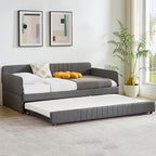 Twin Daybed with Trundle, Linen Upholstered Sofa Bed with Arm & Backrest, No Box Spring Needed, Twin Size Day Bed for Bedroom, Gray