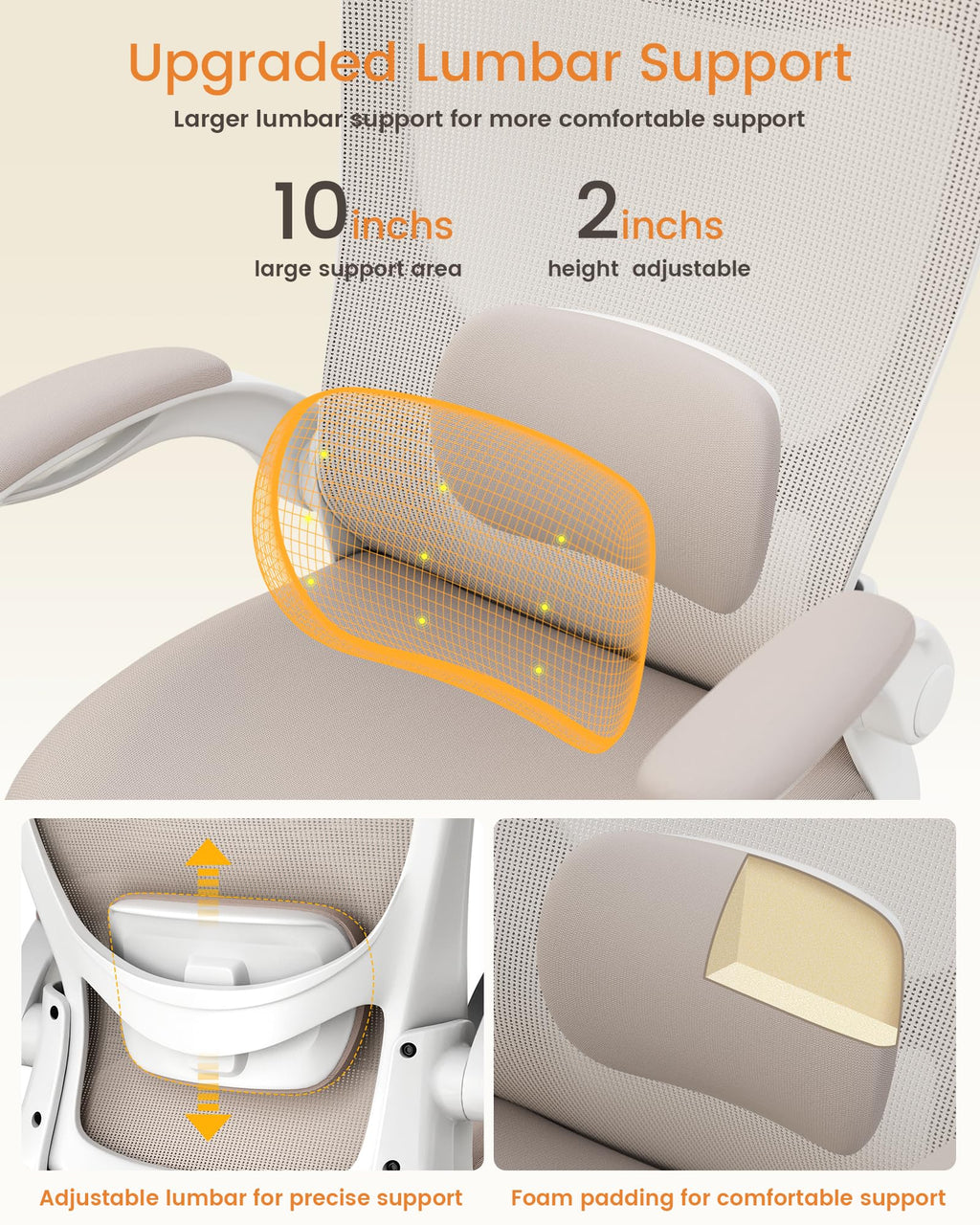Office Chair, Ergonomic Desk Chair with Adjustable Lumbar Support and Flip up Armrest, Breathable Mesh Computer Chair for Home Office, Khaki