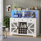 Wine Bar Cabinet with LED Light, Kitchen Buffet with Storage Cabinet & 3 Sliding Drawers, Adjustable Shelf, Goblet Holder, Acrylic Mirror