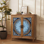 2-Door Accent Cabinet, Distressed Storage Cabinet with Blue and White Porcelain Pattern for Entryway Living Room