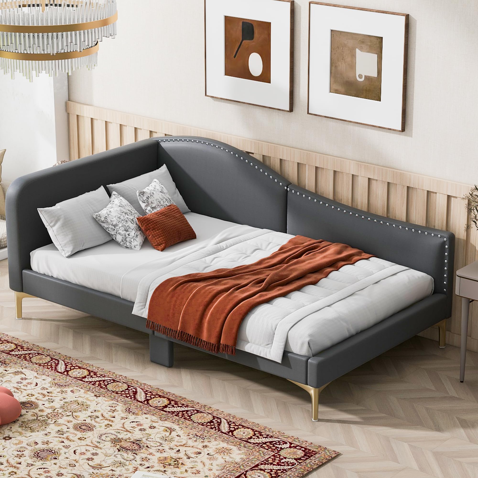 Furnix Craft Twin Size Upholstered Daybed with Headboard and Armrest, Grey Bed Frame with Support Legs