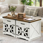 Set of 2 White Farmhouse End Tables, 24" Large Side Tables with Drawer & Charging Station, Square Wooden Nightstands, White & Walnut