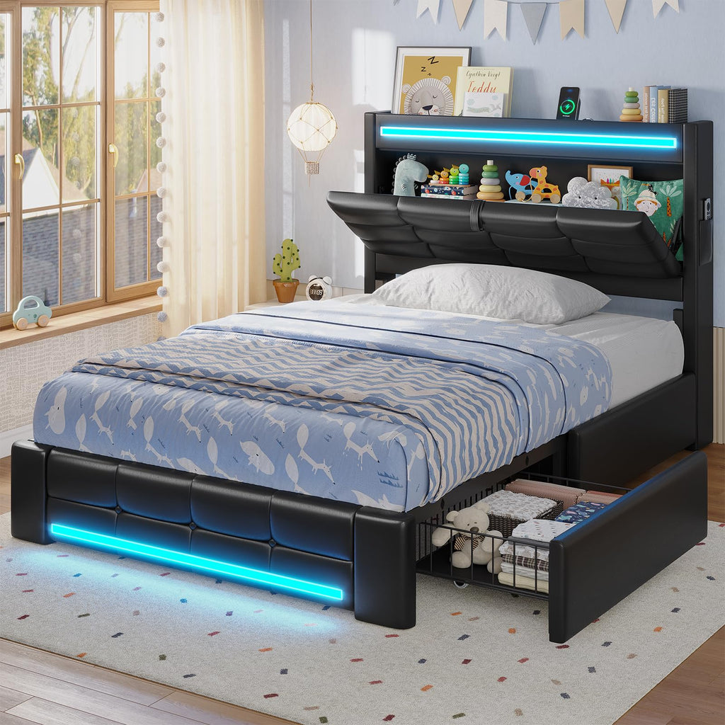 Twin Upholstered Bed Frame with LED Headboard, 4 Storage Drawers, Charging Station, PU Leather Platform Bed for Kids – Black
