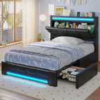 Twin Upholstered Bed Frame with LED Headboard, 4 Storage Drawers, Charging Station, PU Leather Platform Bed for Kids – Black