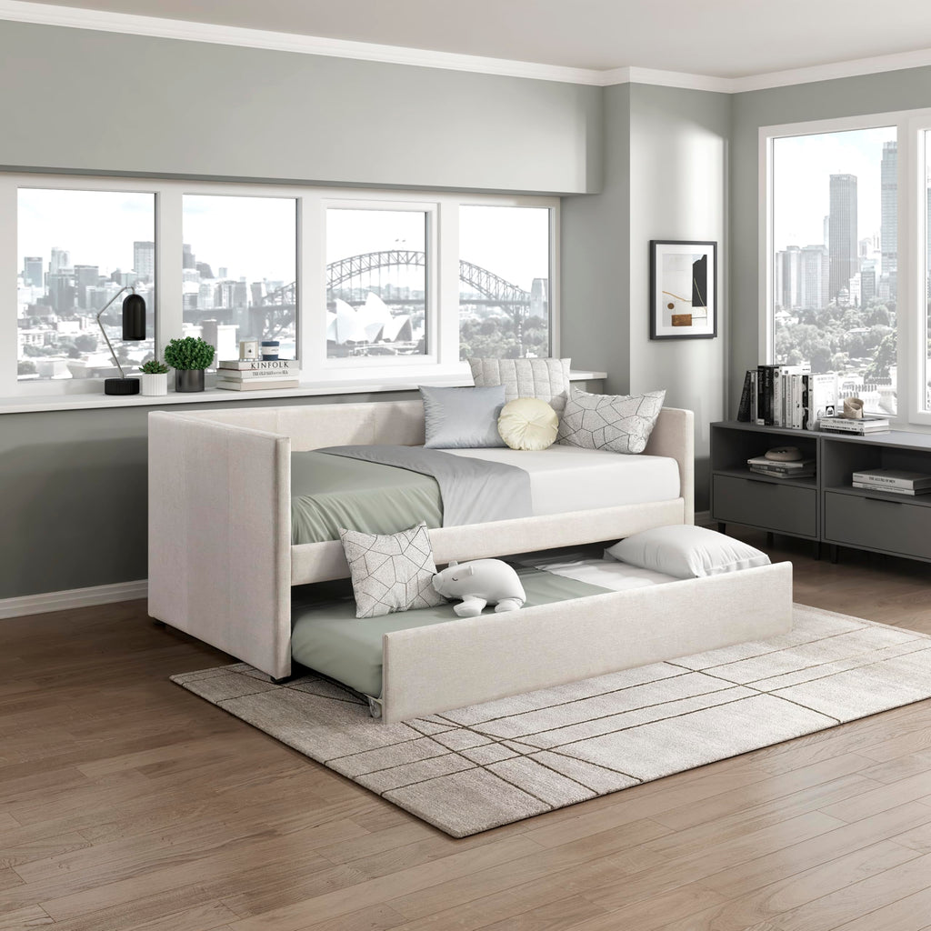 Upholstered Twin Daybed with Trundle, Textured Fabric Sofa Bed with Backrest & Wood Slat Support for Bedroom, Guest Room, Beige