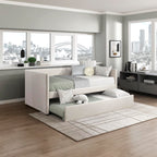 Upholstered Twin Daybed with Trundle, Textured Fabric Sofa Bed with Backrest & Wood Slat Support for Bedroom, Guest Room, Beige