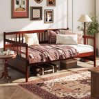 Twin Daybed Frame, Wooden Sofa Bed with Rails & Slat Support, Dual-Use Platform Bed for Bedroom or Living Room, No Box Spring Needed, Cherry