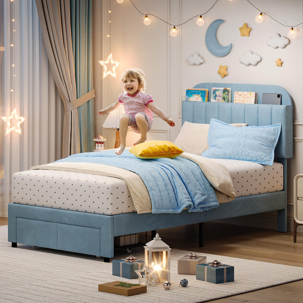 Set of 2 Twin Kids Beds – Blue Upholstered Platform Frames with Storage Drawers & Bookcase Headboards, No Box Spring Needed