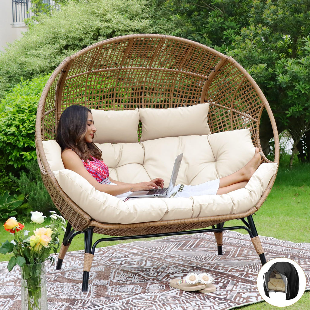 Double Egg Chair for Indoor/Outdoor, 2-Person Oversized Loveseat with Thick Cushions & Cover, 680 lbs Patio Lounge Chair, Beige