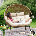 Double Egg Chair for Indoor/Outdoor, 2-Person Oversized Loveseat with Thick Cushions & Cover, 680 lbs Patio Lounge Chair, Beige
