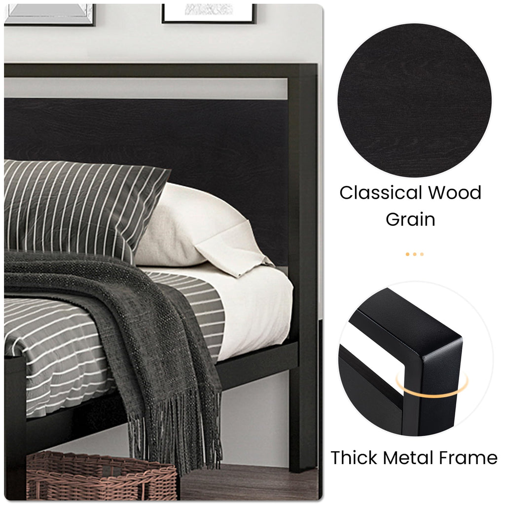 14 Inch Full Size Metal  with Wooden Headboard and Footboard, , , Large Under Bed Storage, Non-Slip Without Noise, Black Oak