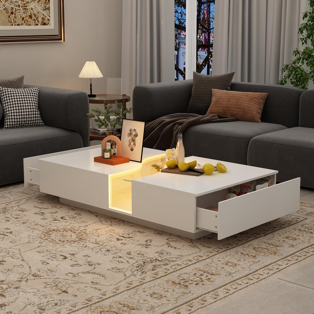 Modern LED Coffee Table with Remote, 2 Drawers & Tempered Glass Top, 55.1" White Rectangle Center Table for Living Room & Reception