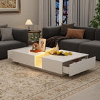 Modern LED Coffee Table with Remote, 2 Drawers & Tempered Glass Top, 55.1" White Rectangle Center Table for Living Room & Reception