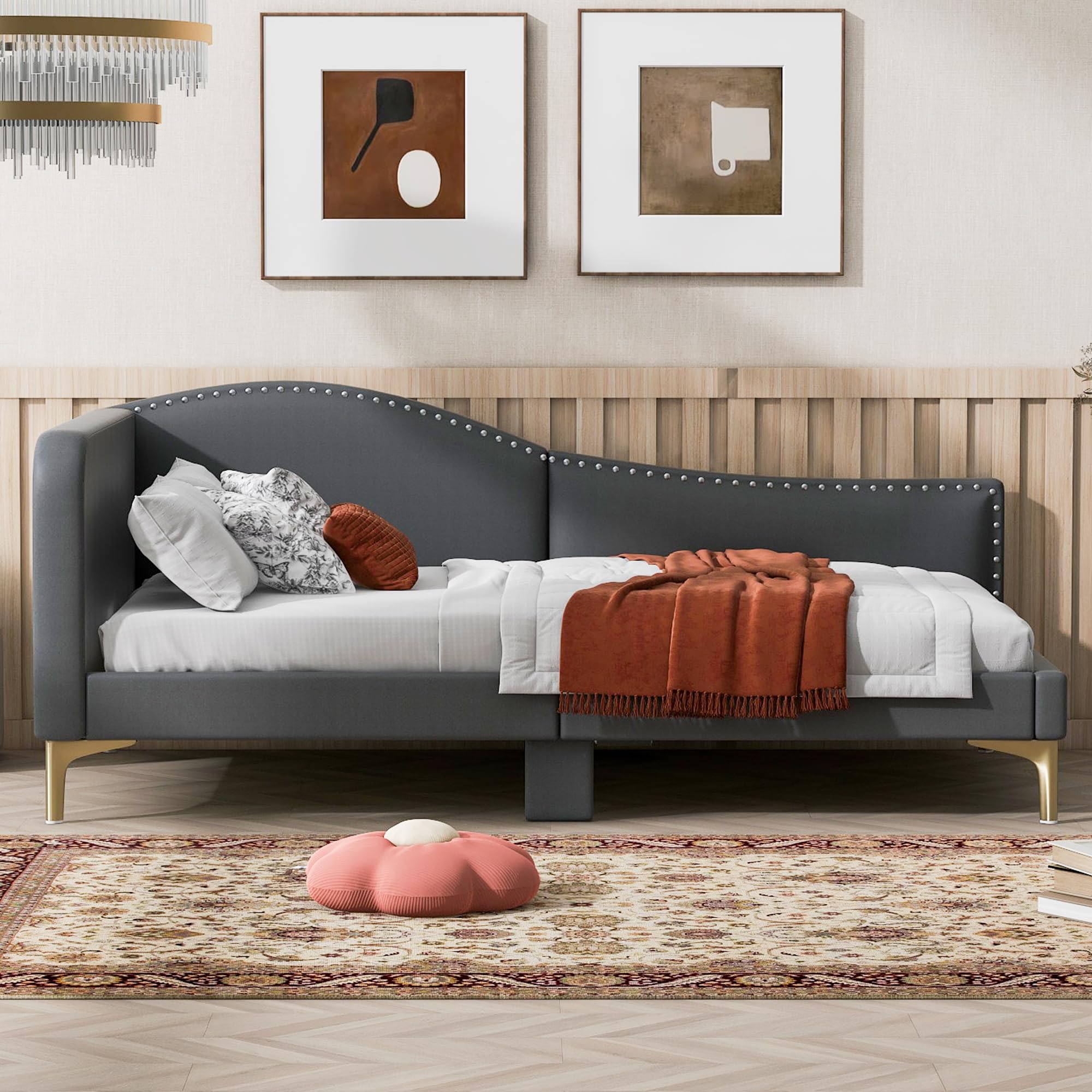 Furnix Craft Twin Size Upholstered Daybed with Headboard and Armrest, Grey Bed Frame with Support Legs
