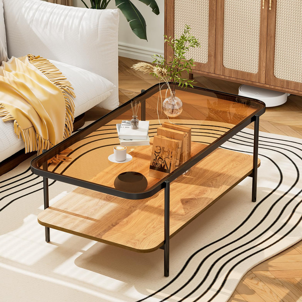 Modern Brown Glass Coffee Table, 2-Tier Rectangular Center Table with Metal Legs & Wood Storage, Rounded Corners for Living Room or Office