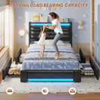 Twin Upholstered Bed Frame with LED Headboard, 4 Storage Drawers, Charging Station, PU Leather Platform Bed for Kids – Black
