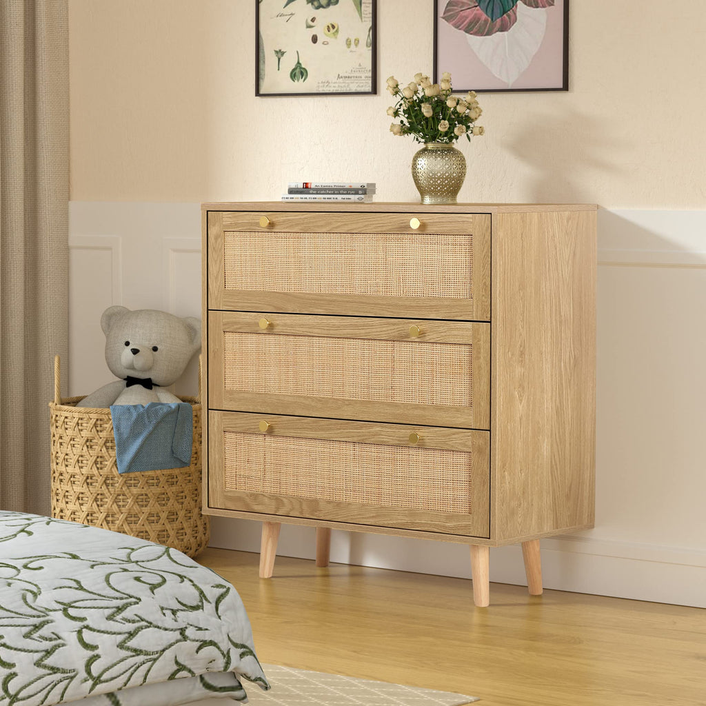 3 Drawer Dresser for Bedroom, Rattan Dresser Modern Wood Chest of Drawers with Spacious Storage for Bedroom Hallway Living Room, Rustic Oak, H0027