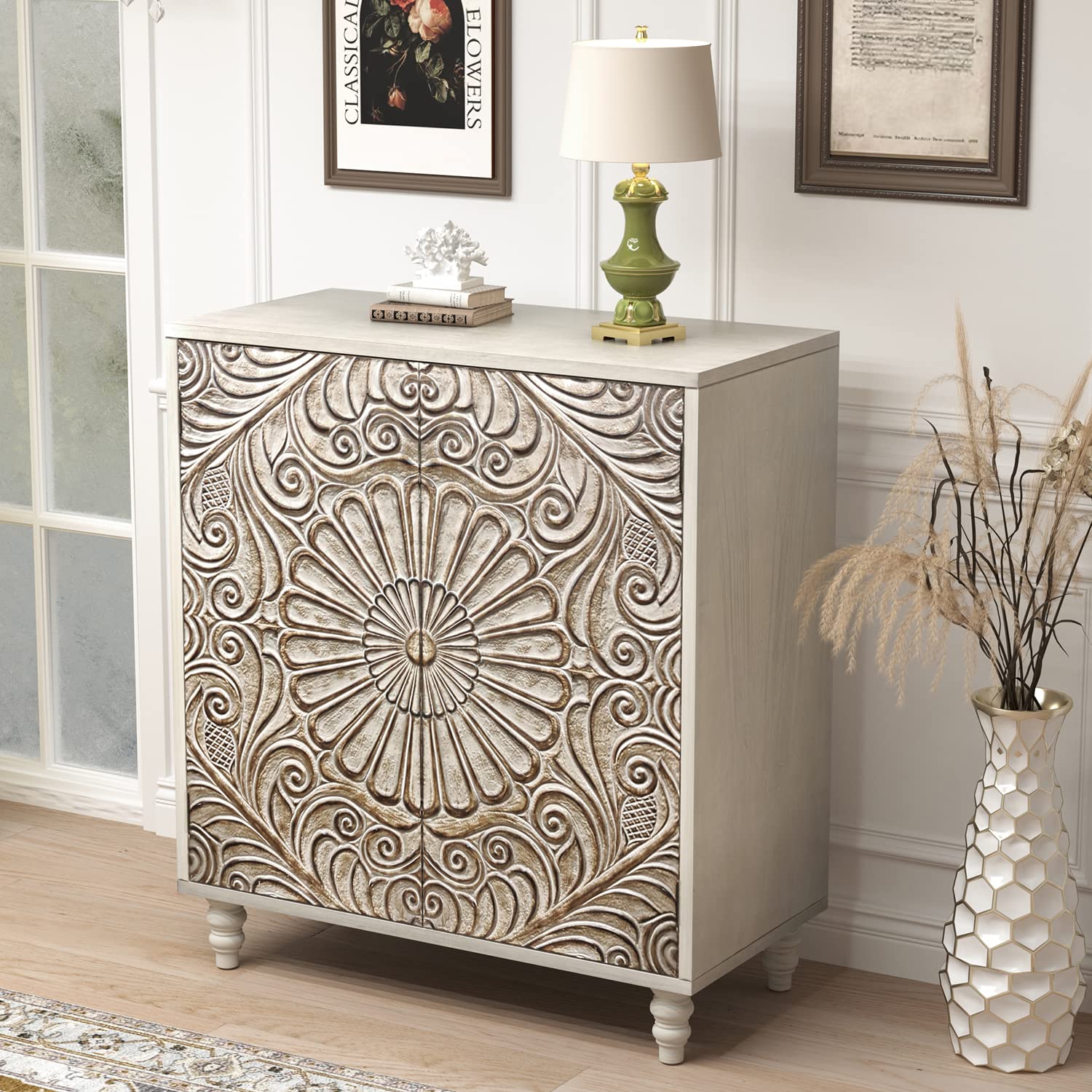 32" Sideboard Buffet Cabinet with Storage, Accent Cabinet with 2 Push-to-Open Doors, Vintage MDF Table for Kitchen, Living Room, Gray