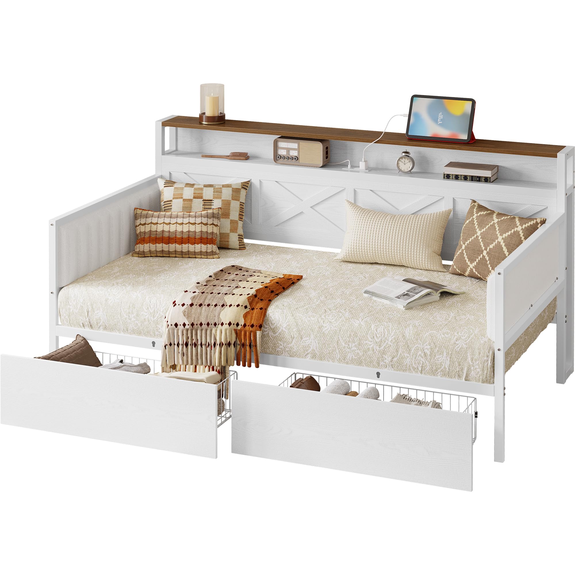 Twin Daybed with Storage Drawers, Metal Frame with X-Shaped Headboard & Charging Station, Farmhouse Bed for Bedroom, White/Walnut
