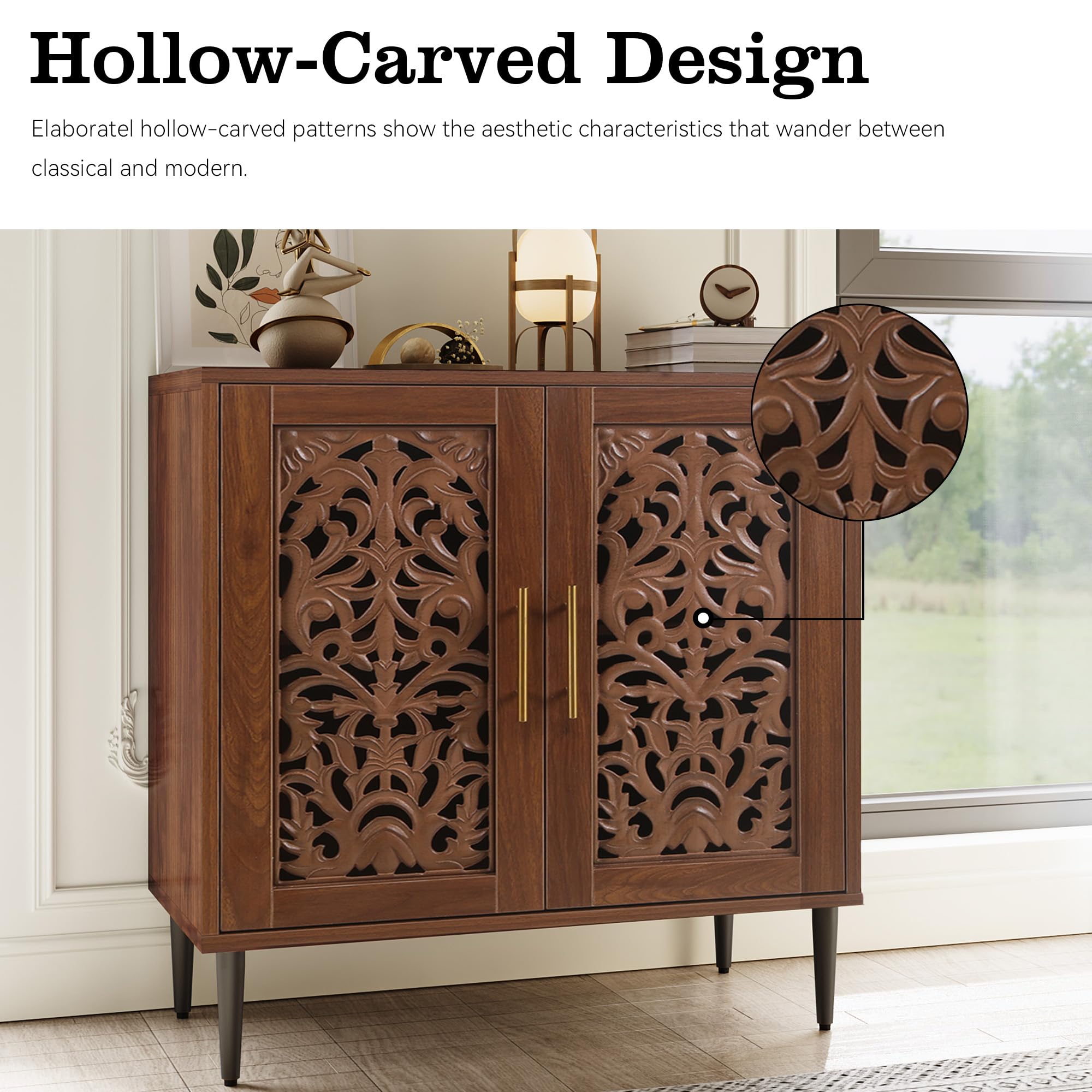 Vintage Accent Cabinet with 2 Doors, Hollow Carved Buffet Sideboard with Storage, Credenza for Living Room, Kitchen, Entryway, Walnut