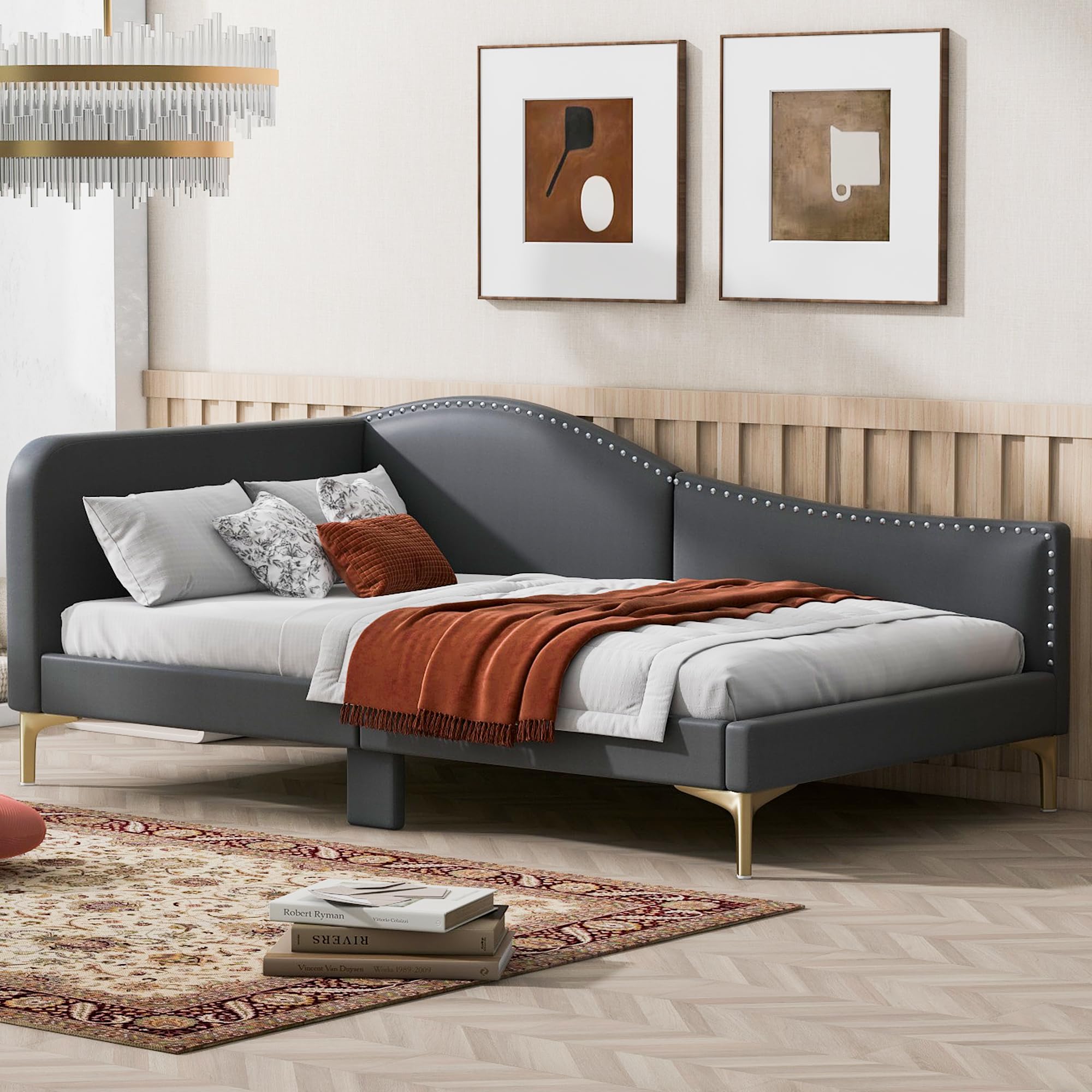 Furnix Craft Twin Size Upholstered Daybed with Headboard and Armrest, Grey Bed Frame with Support Legs