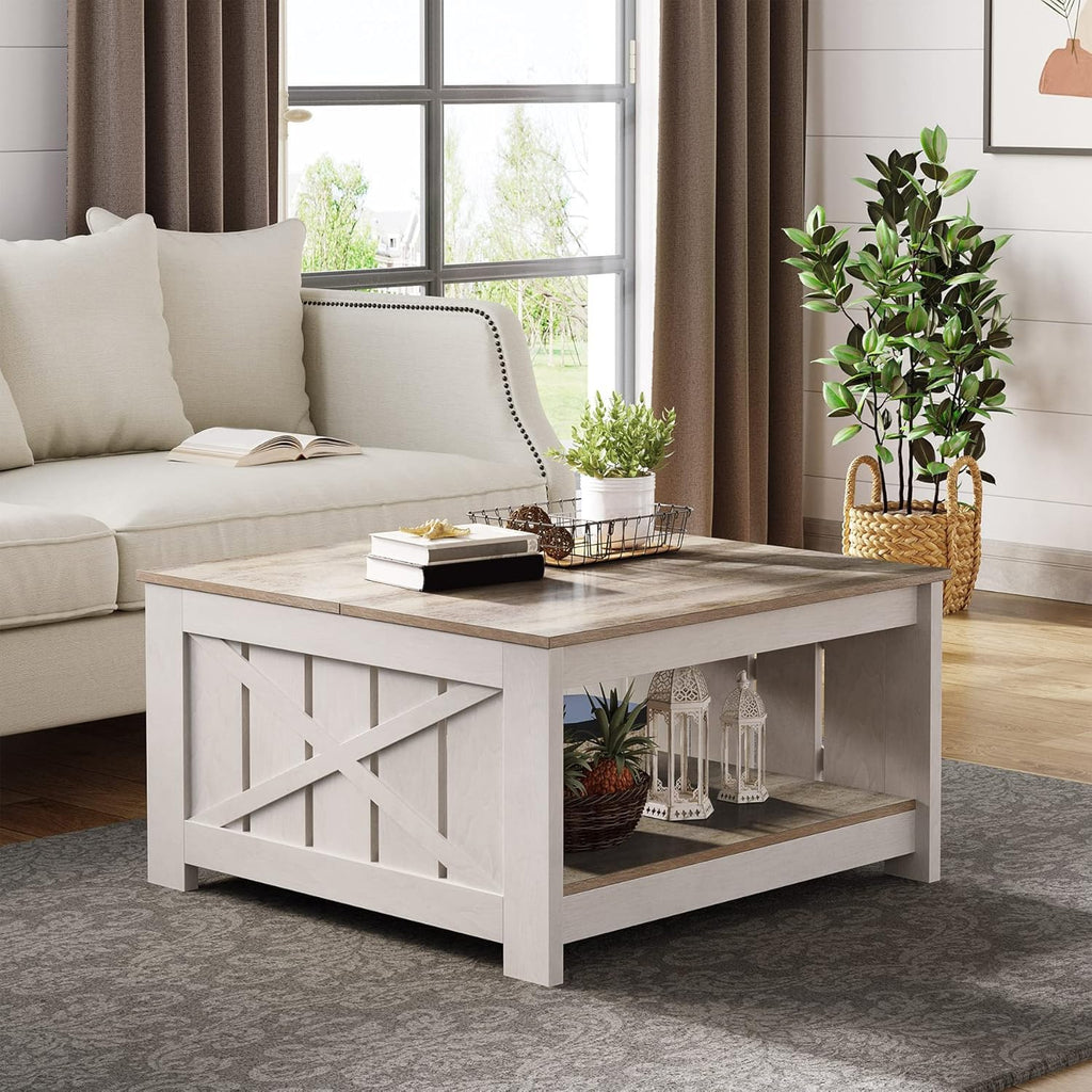 Farmhouse Coffee Table with Storage – Rustic Grey Wood Square Cocktail Table for Living Room, Half Open Compartment Design