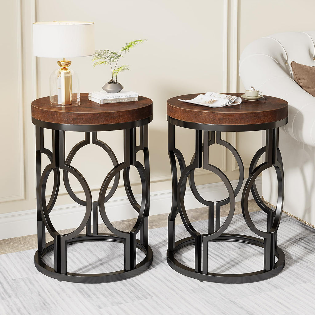 Set of 2 Round End Tables, Industrial Side Tables with Metal Hollow Frame, Small Nightstands for Bedroom or Living Room, Rustic Brown