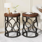 Set of 2 Round End Tables, Industrial Side Tables with Metal Hollow Frame, Small Nightstands for Bedroom or Living Room, Rustic Brown