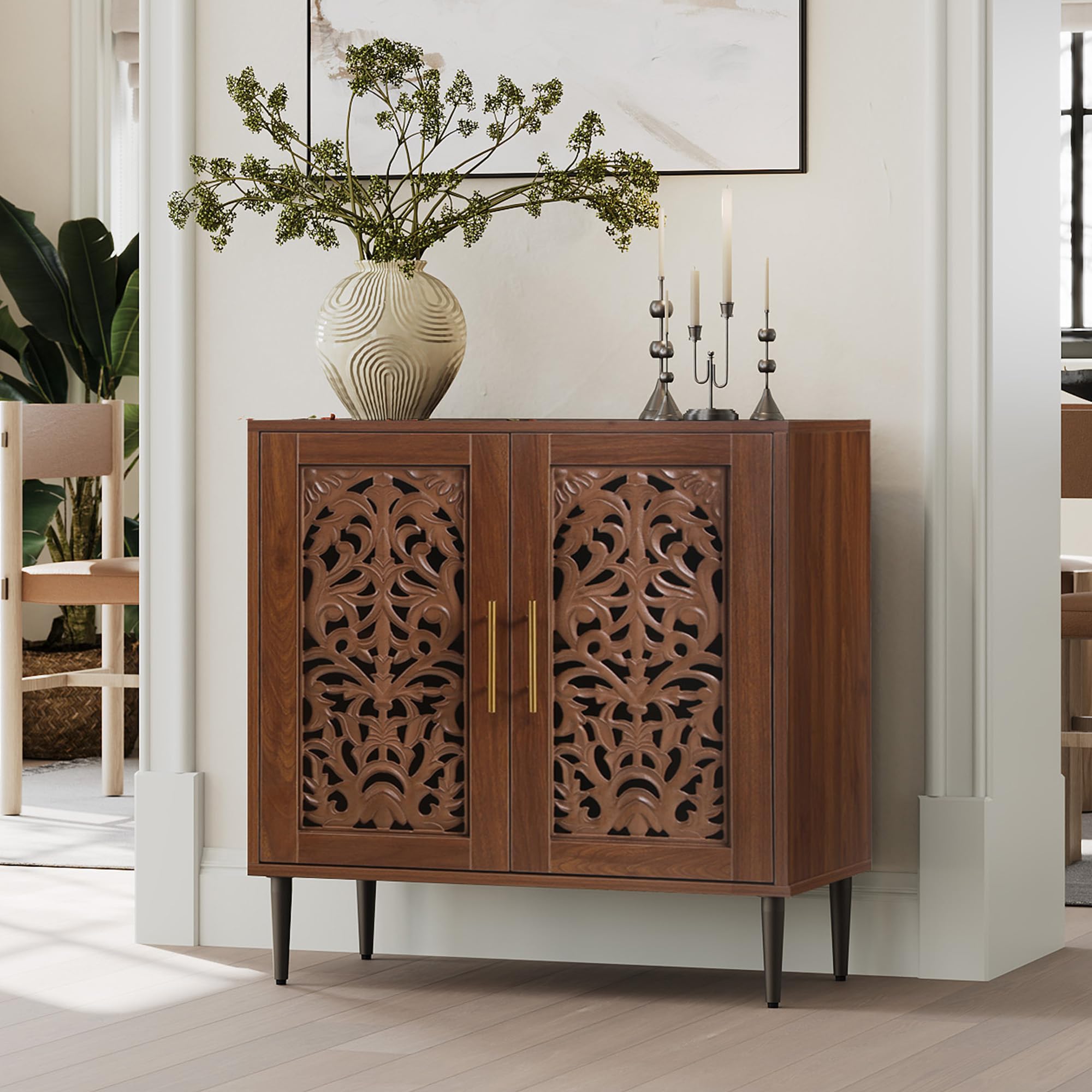 Vintage Accent Cabinet with 2 Doors, Hollow Carved Buffet Sideboard with Storage, Credenza for Living Room, Kitchen, Entryway, Walnut