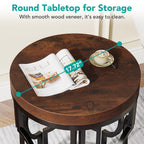 Set of 2 Round End Tables, Industrial Side Tables with Metal Hollow Frame, Small Nightstands for Bedroom or Living Room, Rustic Brown