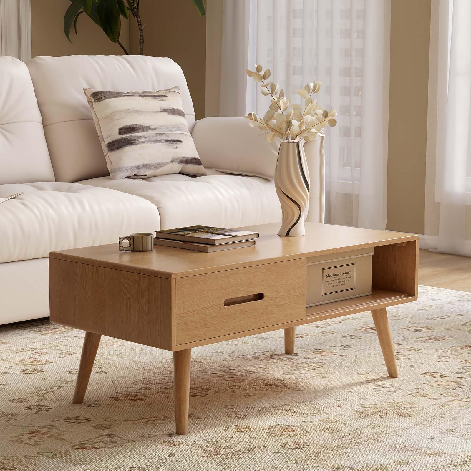 100% Solid Wood Coffee Table, 39.37" Mid-Century Modern Table with Storage Shelf & 2 Drawers, Oak Coffee Table for Living Room