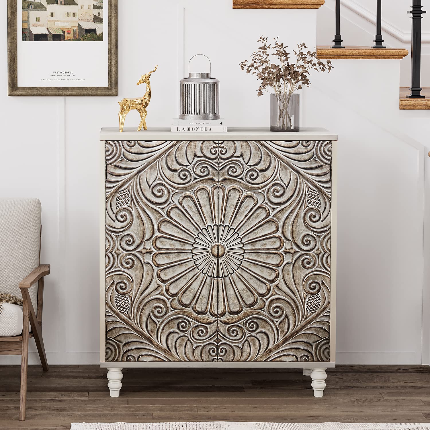 32" Sideboard Buffet Cabinet with Storage, Accent Cabinet with 2 Push-to-Open Doors, Vintage MDF Table for Kitchen, Living Room, Gray