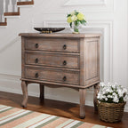 Thomas Antique Country Style Dresser Chest with 3 Drawers, Weathered Wood Nightstand Living Room Accent Furniture, Black Ring Handle, Curved Legs, Grey