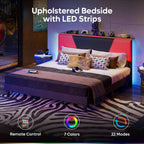 Full Size LED Bed Frame with Adjustable Headboard, Faux Leather Gaming Bed with Storage Shelf, Noise-Free Slats, Black-Red