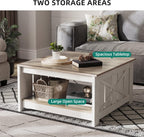 Farmhouse Coffee Table with Storage – Rustic Grey Wood Square Cocktail Table for Living Room, Half Open Compartment Design
